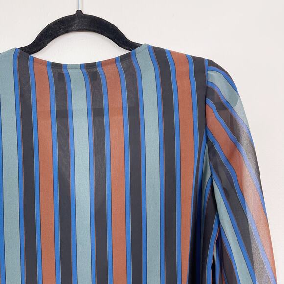 Madewell Sheer Sleeve Top in Academy Stripe Small Black Blue Green Copper Blouse - Picture 5 of 10